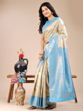 Cream & Sky Blue Banarasi Silk Saree With Blouse Piece Cream & Sky Blue Banarasi Silk Saree With Blouse Piece