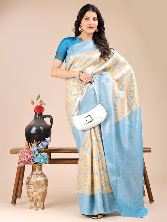 Cream & Sky Blue Banarasi Silk Saree With Blouse Piece Cream & Sky Blue Banarasi Silk Saree With Blouse Piece
