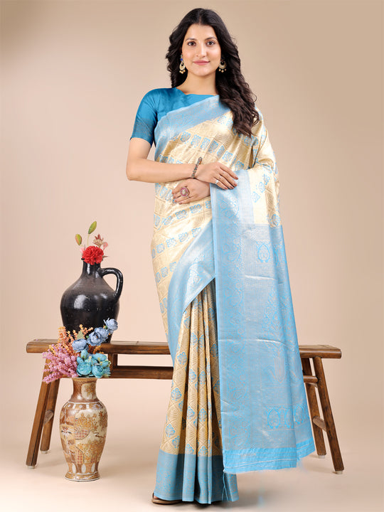 Cream & Sky Blue Banarasi Silk Saree With Blouse Piece Cream & Sky Blue Banarasi Silk Saree With Blouse Piece