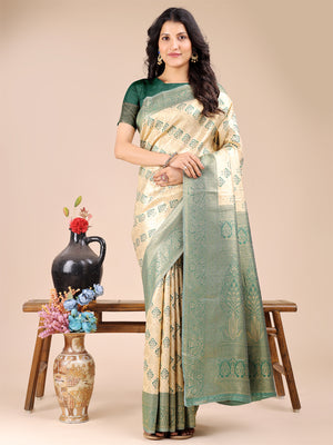 Cream & Green Banarasi Silk Saree With Blouse Piece
