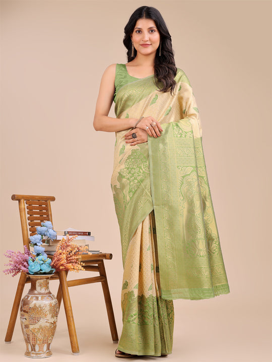 Cream & Light Green Banarasi Silk Saree With Blouse Piece Cream & Light Green Banarasi Silk Saree With Blouse Piece