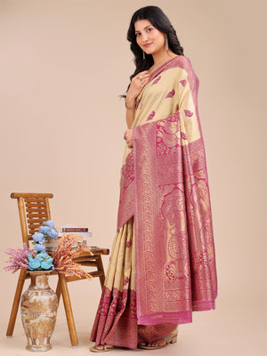 Cream & Magenta Banarasi Silk Saree With Blouse Piece