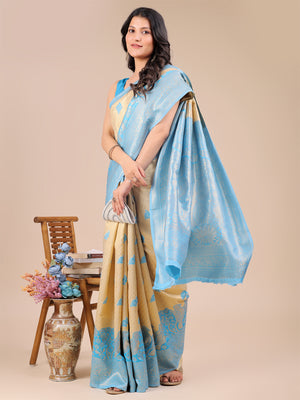 Cream & Sky Blue Banarasi Silk Saree With Blouse Piece