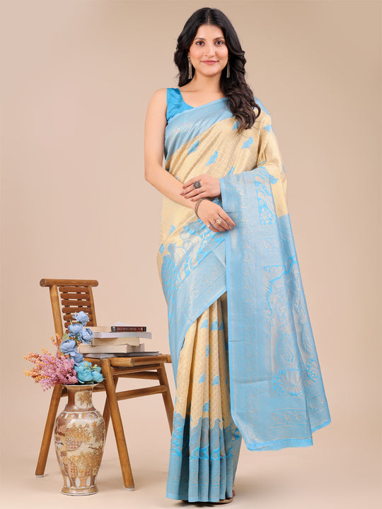 Cream & Sky Blue Banarasi Silk Saree With Blouse Piece Cream & Sky Blue Banarasi Silk Saree With Blouse Piece