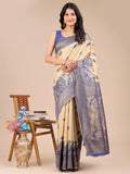 Cream & Navy Blue Banarasi Silk Saree With Blouse Piece Cream & Navy Blue Banarasi Silk Saree With Blouse Piece