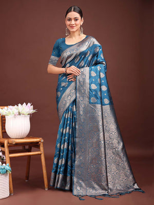 Teal Blue Banarasi Silk Saree With Blouse Piece