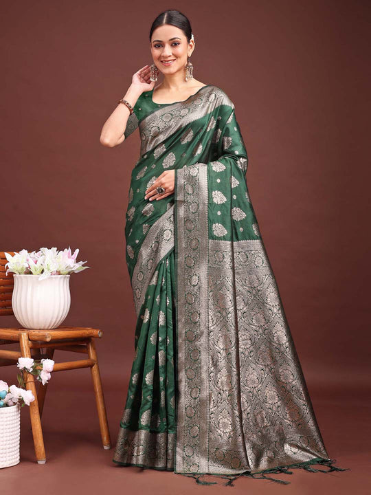 Dark Green Banarasi Silk Saree With Blouse Piece Dark Green Banarasi Silk Saree With Blouse Piece