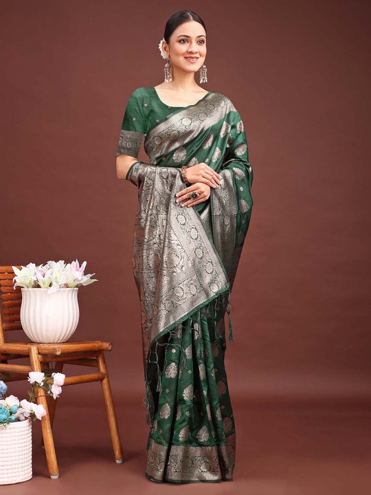 Dark Green Banarasi Silk Saree With Blouse Piece Dark Green Banarasi Silk Saree With Blouse Piece