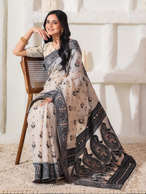 Cream Linen Cotton Saree With Blouse Piece