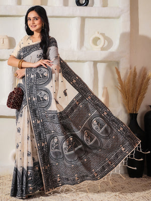 Cream Linen Cotton Saree With Blouse Piece