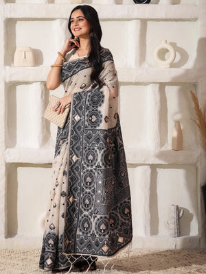 Cream Linen Cotton Saree With Blouse Piece