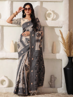 Cream Linen Cotton Saree With Blouse Piece