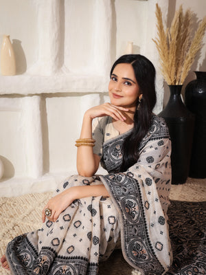 Cream Linen Cotton Saree With Blouse Piece