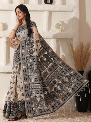 Cream Linen Cotton Saree With Blouse Piece