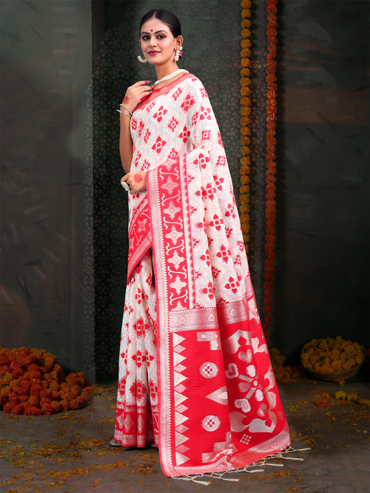 Red & White Linen Cotton Saree With Blouse Piece Red & White Linen Cotton Saree With Blouse Piece