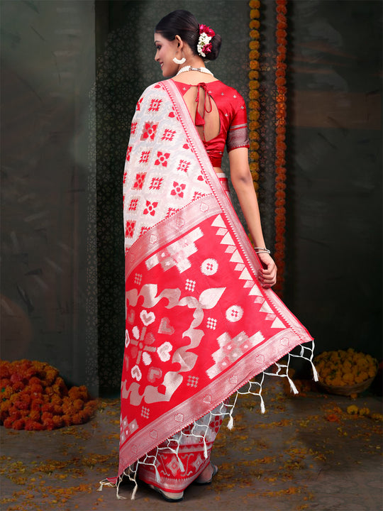 Red & White Linen Cotton Saree With Blouse Piece Red & White Linen Cotton Saree With Blouse Piece