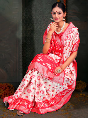 Red & White Linen Cotton Saree With Blouse Piece