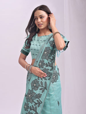 Sea Green Linen Cotton Saree With Blouse Piece