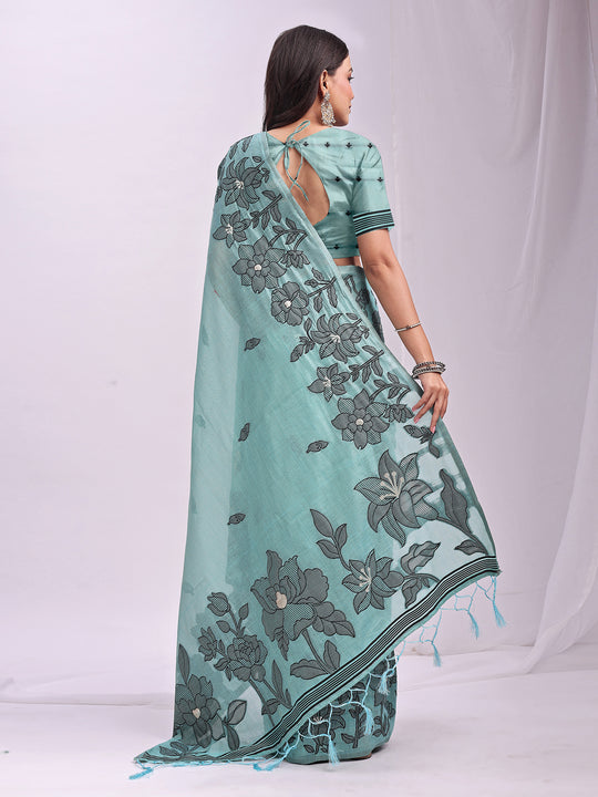 Sea Green Linen Cotton Saree With Blouse Piece Sea Green Linen Cotton Saree With Blouse Piece
