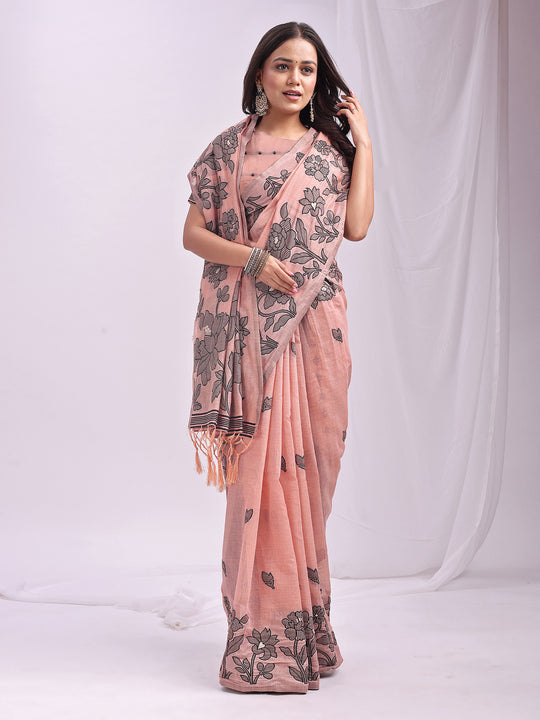 Peach Linen Cotton Saree With Blouse Piece Peach Linen Cotton Saree With Blouse Piece