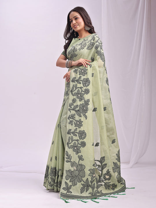 Light Green Linen Cotton Saree With Blouse Piece Light Green Linen Cotton Saree With Blouse Piece