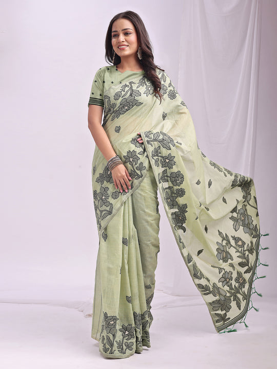 Light Green Linen Cotton Saree With Blouse Piece Light Green Linen Cotton Saree With Blouse Piece