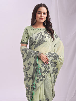 Light Green Linen Cotton Saree With Blouse Piece