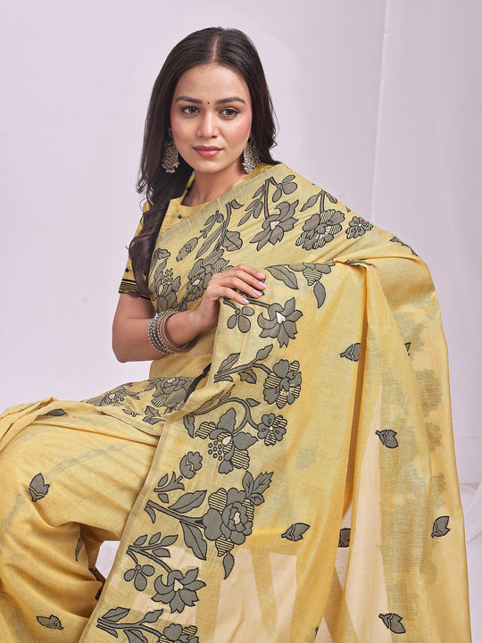 Yellow Linen Cotton Saree With Blouse Piece Yellow Linen Cotton Saree With Blouse Piece