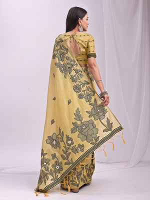 Yellow Linen Cotton Saree With Blouse Piece