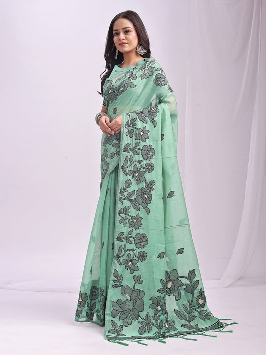 Rama Green Linen Cotton Saree With Blouse Piece Rama Green Linen Cotton Saree With Blouse Piece