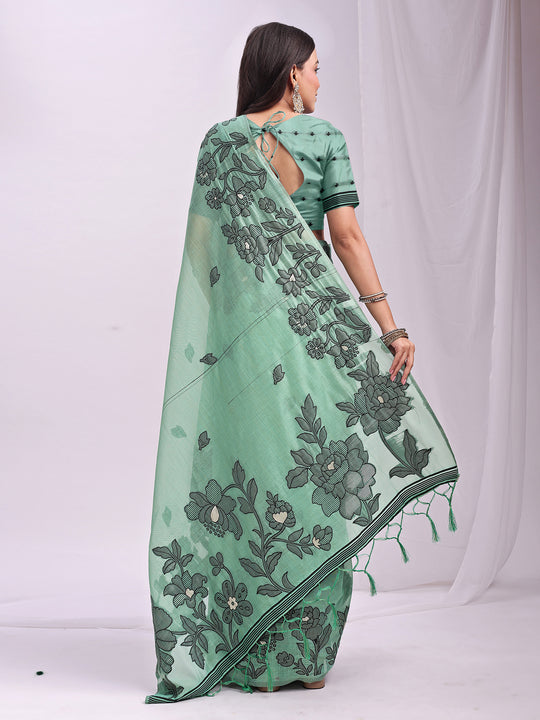 Rama Green Linen Cotton Saree With Blouse Piece Rama Green Linen Cotton Saree With Blouse Piece