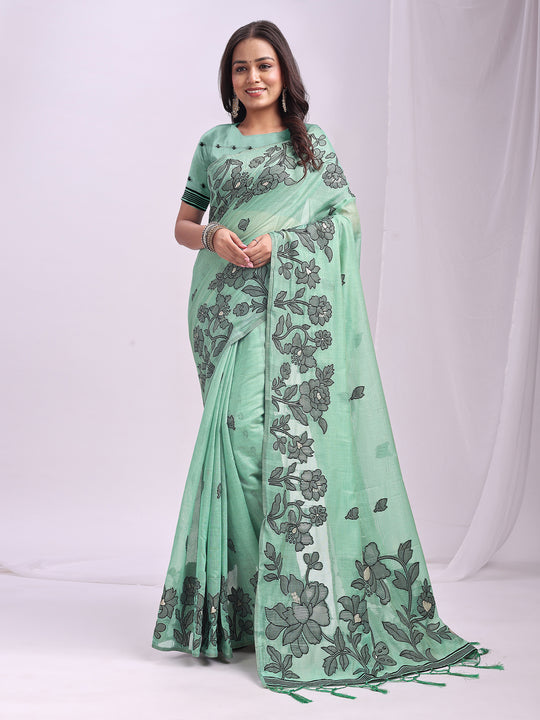 Rama Green Linen Cotton Saree With Blouse Piece Rama Green Linen Cotton Saree With Blouse Piece
