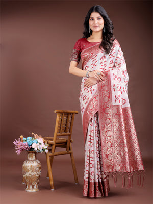 Maroon Linen Cotton Saree With Blouse Piece