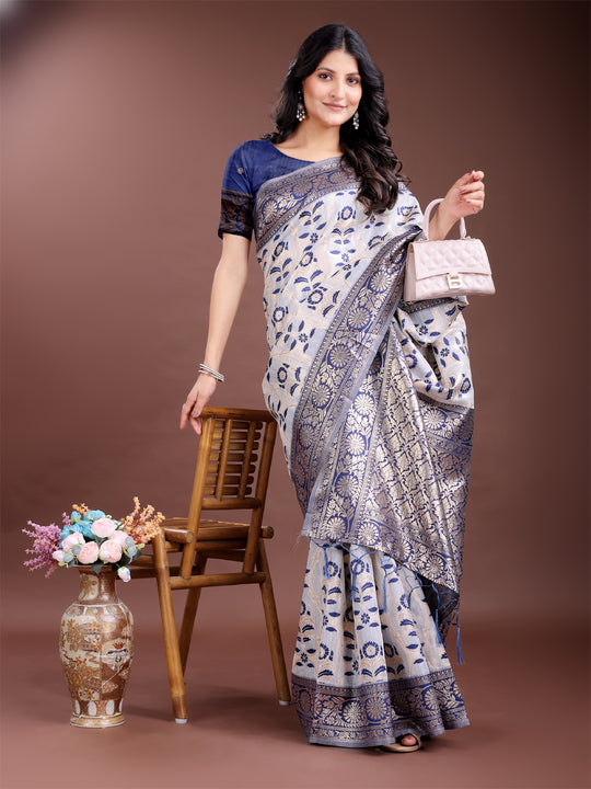 Navy Blue Linen Cotton Saree With Blouse Piece Navy Blue Linen Cotton Saree With Blouse Piece