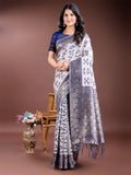 Navy Blue Linen Cotton Saree With Blouse Piece Navy Blue Linen Cotton Saree With Blouse Piece