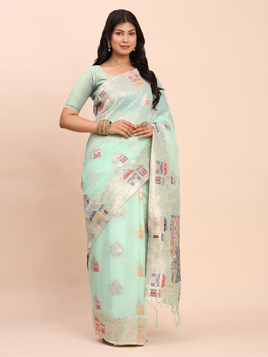 Sea Green LINEN COTTON Saree With Blouse Piece Sea Green LINEN COTTON Saree With Blouse Piece