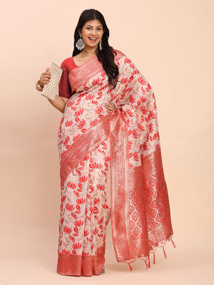 Red Linen Cotton Saree With Blouse Piece