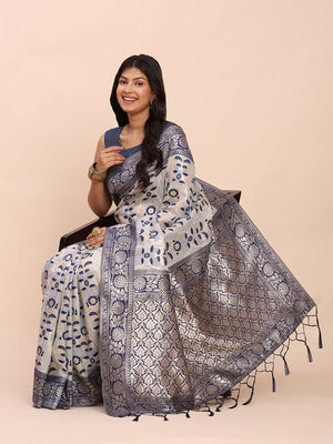 Navy Blue Linen Cotton Saree With Blouse Piece