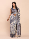 Navy Blue Linen Cotton Saree With Blouse Piece Navy Blue Linen Cotton Saree With Blouse Piece