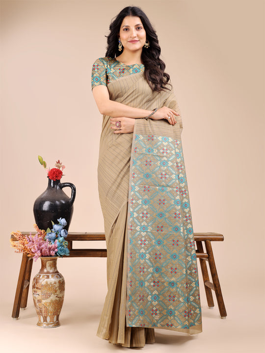 Beige Cotton Saree With Blouse Piece Beige Cotton Saree With Blouse Piece