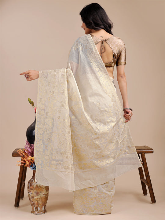 Off White Cotton Saree With Blouse Piece Off White Cotton Saree With Blouse Piece