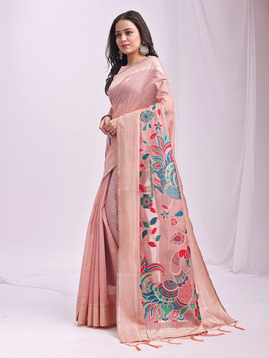 Peach Linen Cotton Saree With Blouse Piece Peach Linen Cotton Saree With Blouse Piece