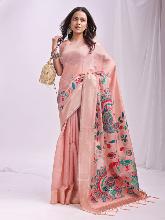 Peach Linen Cotton Saree With Blouse Piece Peach Linen Cotton Saree With Blouse Piece