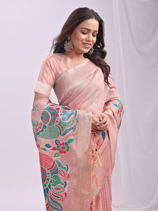 Peach Linen Cotton Saree With Blouse Piece Peach Linen Cotton Saree With Blouse Piece