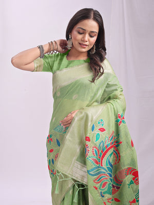 Light Green Linen Cotton Saree With Blouse Piece