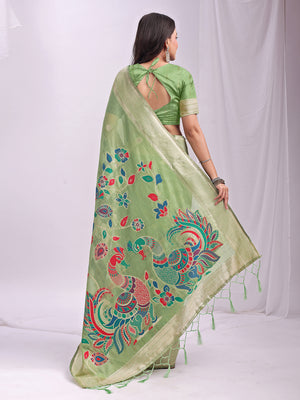 Light Green Linen Cotton Saree With Blouse Piece