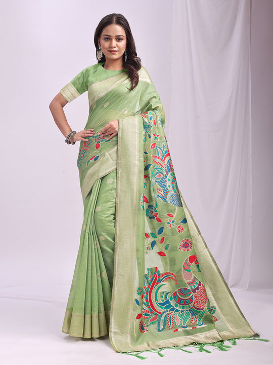 Light Green Linen Cotton Saree With Blouse Piece Light Green Linen Cotton Saree With Blouse Piece