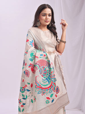 Cream Linen Cotton Saree With Blouse Piece