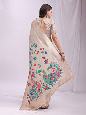Cream Linen Cotton Saree With Blouse Piece