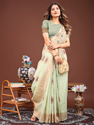 Sea Green Linen Cotton Saree With Blouse Piece